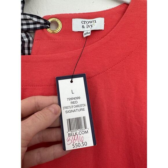 NEW CROWN & IVY Womens L - Wide Neck Bow Detail 3/4 Sleeve Coral Pink Red Blouse - Picture 4 of 6